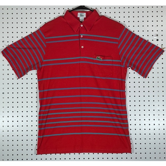 Izod Lacoste Other - Vintage Izod Lacoste Men L Red Blue Striped Cotton Lisle Pocket Polo Shirt